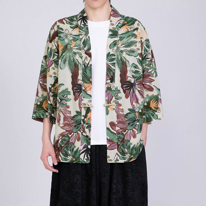Buddha Stones Kimono homme à manches courtes en lin mélangé imprimé de feuilles tropicales d'été - Ivoire - US/UK/AU46，EU56 (5XL) - image 4