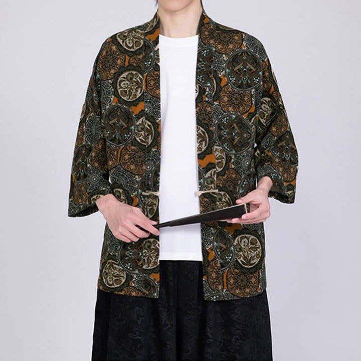 Buddha Stones Kimono homme à manches courtes en lin mélangé imprimé de feuilles tropicales d'été - image 15