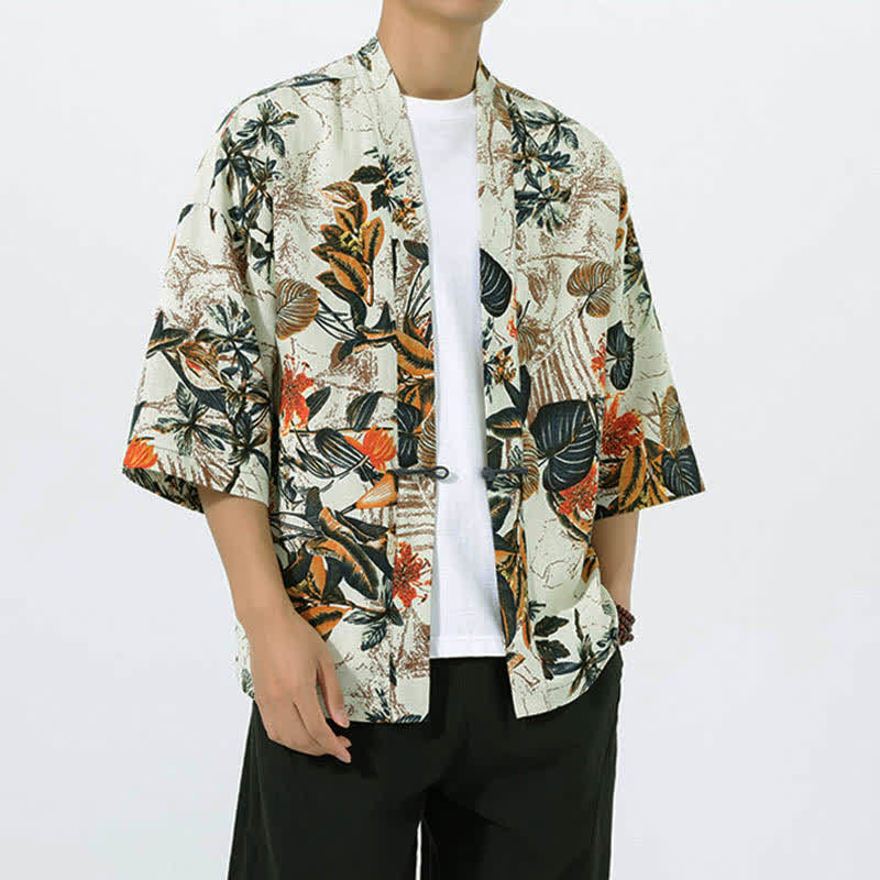 Buddha Stones Kimono homme à manches courtes en lin mélangé imprimé de feuilles tropicales d'été - image 1