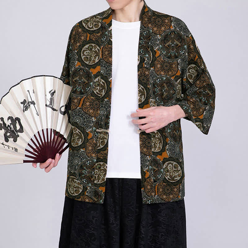 Buddha Stones Kimono homme à manches courtes en lin mélangé imprimé de feuilles tropicales d'été - image 14