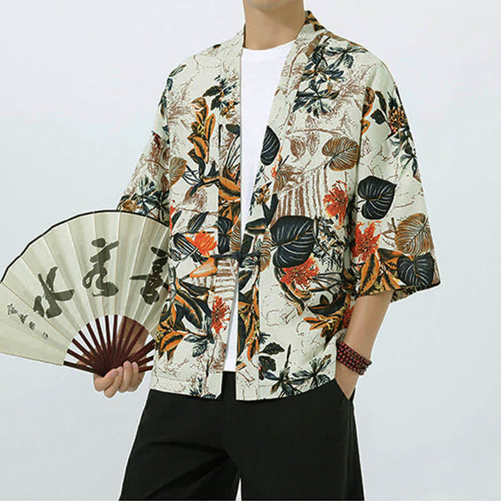 Buddha Stones Kimono homme à manches courtes en lin mélangé imprimé de feuilles tropicales d'été - image 3