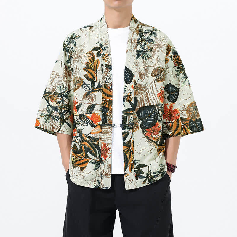 Buddha Stones Kimono homme à manches courtes en lin mélangé imprimé de feuilles tropicales d'été - Blanc - US/UK/AU46，EU56 (5XL) - image 0