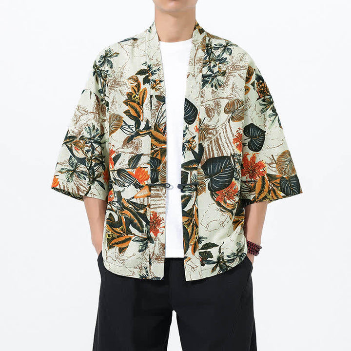 Buddha Stones Kimono homme à manches courtes en lin mélangé imprimé de feuilles tropicales d'été - Blanc - US/UK/AU46，EU56 (5XL) - image 0