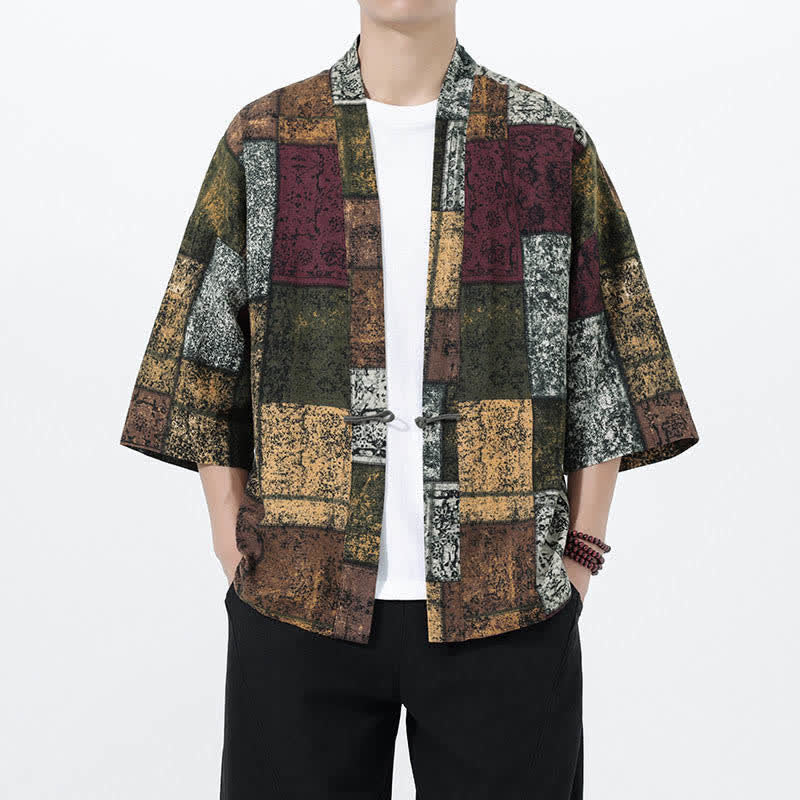 Buddha Stones Kimono homme à manches courtes en lin mélangé imprimé de feuilles tropicales d'été - Vert olive - US/UK/AU46，EU56 (5XL) - image 18