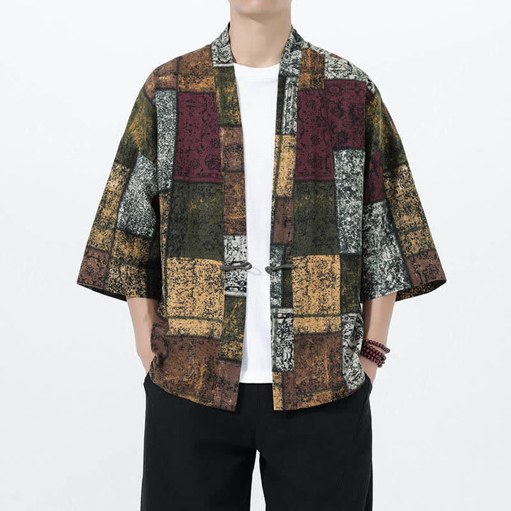 Buddha Stones Kimono homme à manches courtes en lin mélangé imprimé de feuilles tropicales d'été - Vert olive - US/UK/AU46，EU56 (5XL) - image 18