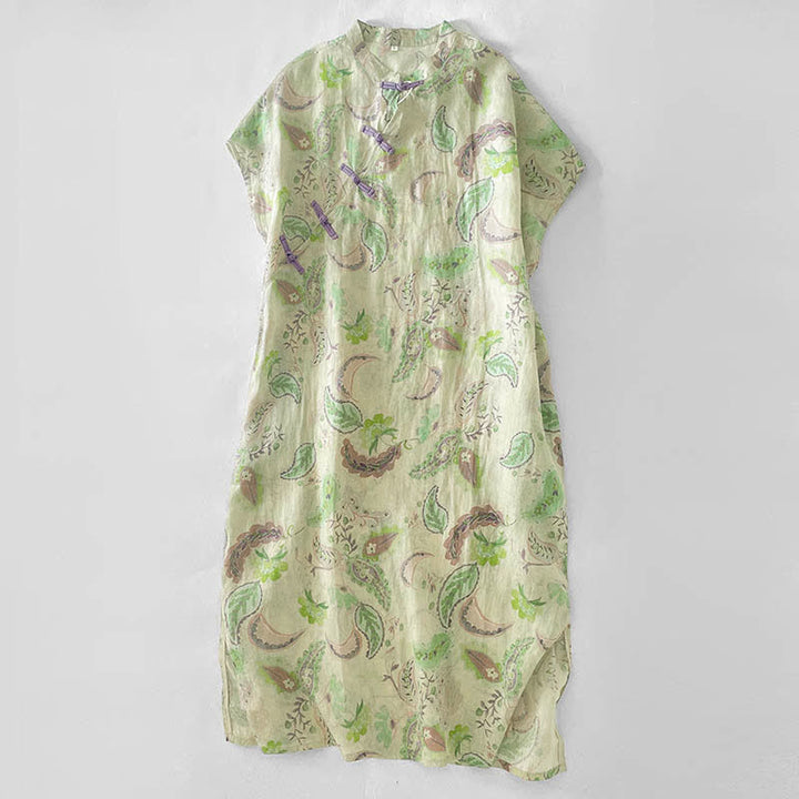 Buddha Stones Robes d'été vintage à manches courtes et poches pour femmes, ornées d'un col mandarin et de motifs cachemire floraux. - Vert pâle - US14，UK/AU18，EU46 (2XL) - image 11