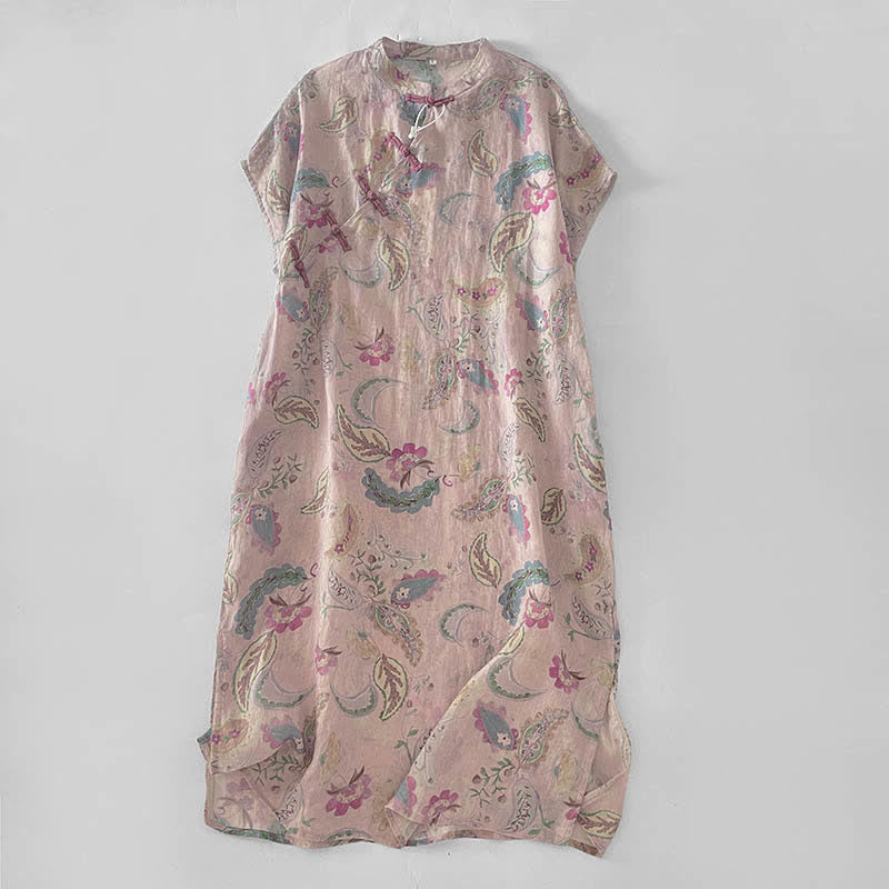Buddha Stones Robes d'été vintage à manches courtes et poches pour femmes, ornées d'un col mandarin et de motifs cachemire floraux. - MistyRose - US14，UK/AU18，EU46 (2XL) - image 0