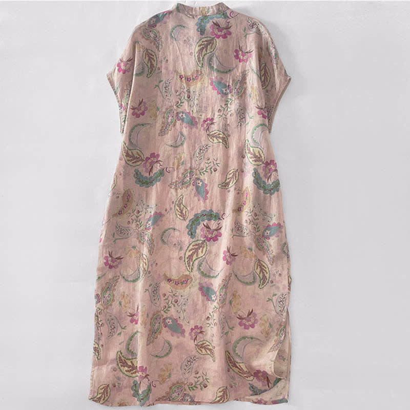 Buddha Stones Robes d'été vintage à manches courtes et poches pour femmes, ornées d'un col mandarin et de motifs cachemire floraux. - image 1