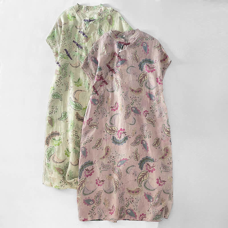 Buddha Stones Robes d'été vintage à manches courtes et poches pour femmes, ornées d'un col mandarin et de motifs cachemire floraux. - image 20