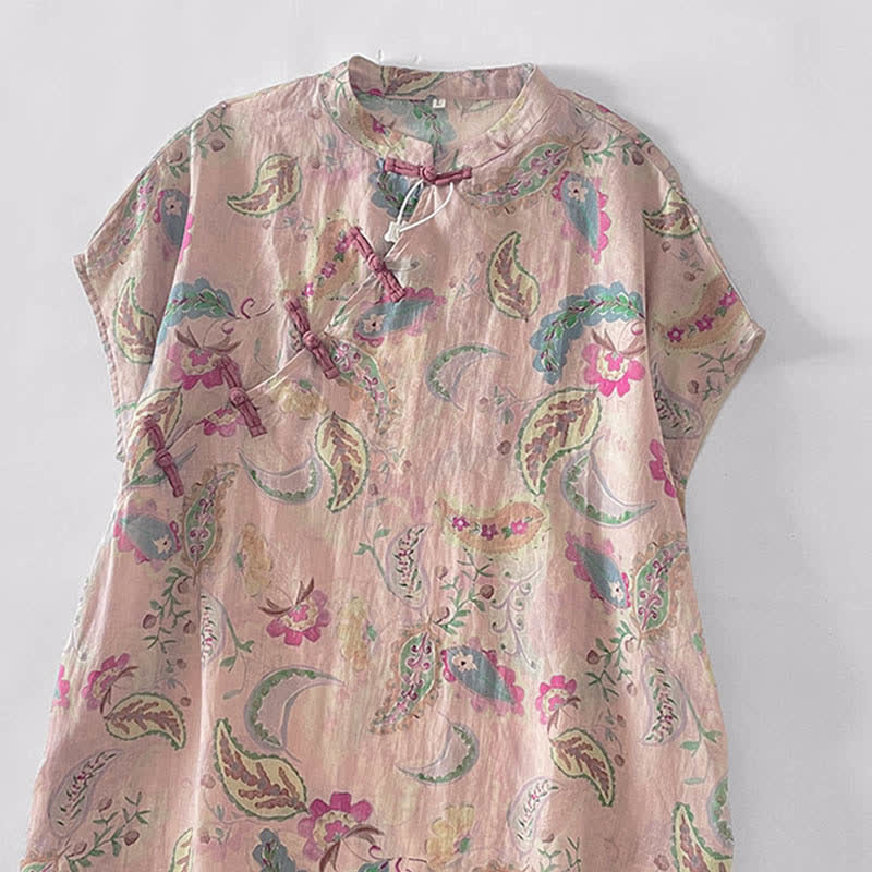 Buddha Stones Robes d'été vintage à manches courtes et poches pour femmes, ornées d'un col mandarin et de motifs cachemire floraux. - image 2