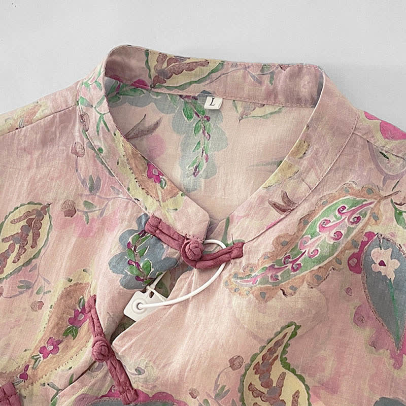 Buddha Stones Robes d'été vintage à manches courtes et poches pour femmes, ornées d'un col mandarin et de motifs cachemire floraux. - image 3