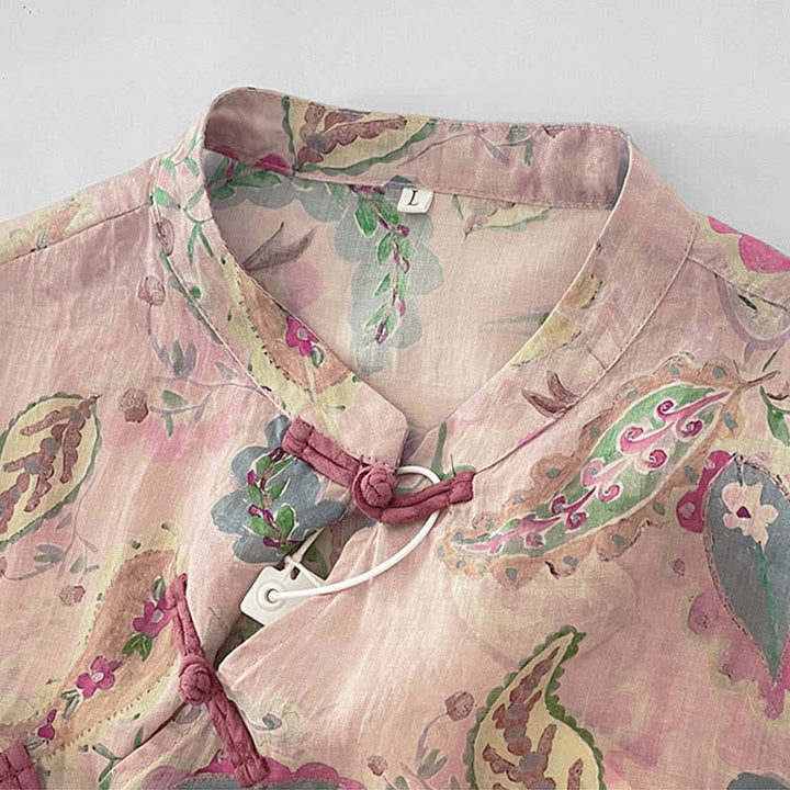 Buddha Stones Robes d'été vintage à manches courtes et poches pour femmes, ornées d'un col mandarin et de motifs cachemire floraux. - image 3