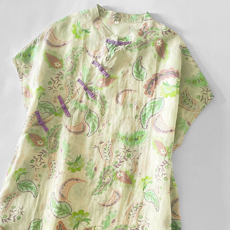 Buddha Stones Robes d'été vintage à manches courtes et poches pour femmes, ornées d'un col mandarin et de motifs cachemire floraux. - image 12