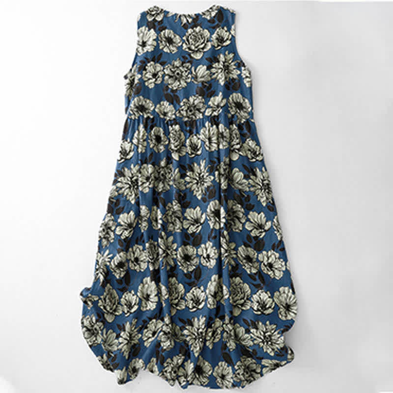 Buddha Stones Robe d'été fleurie à col rond, sans manches, arrivant sous le genou, avec poches - Bleu royal - US12，UK/AU16，EU44 (2XL) - image 0