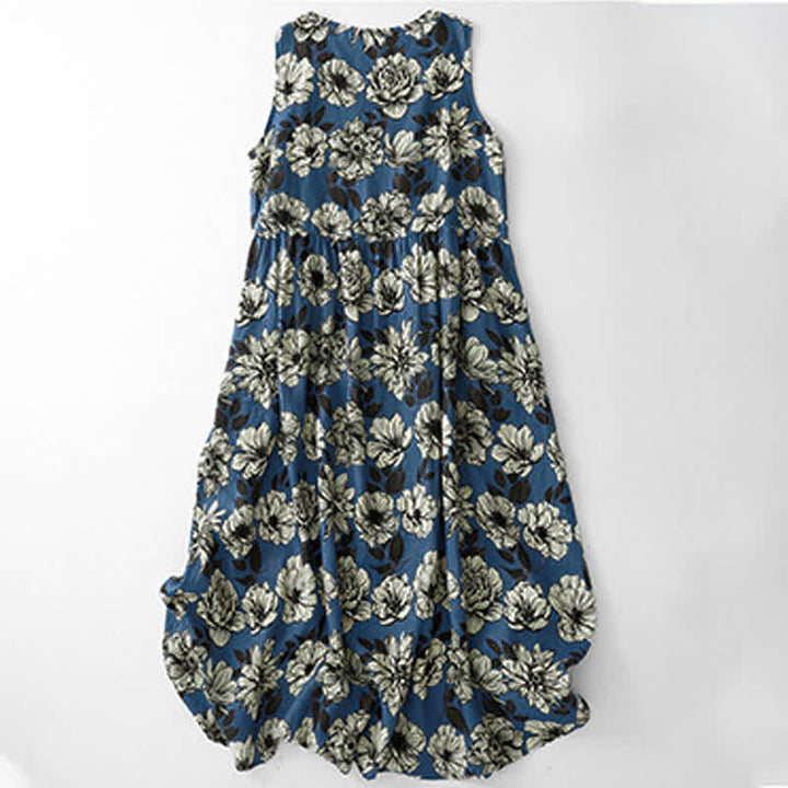 Buddha Stones Robe d'été fleurie à col rond, sans manches, arrivant sous le genou, avec poches - Bleu royal - US12，UK/AU16，EU44 (2XL) - image 0