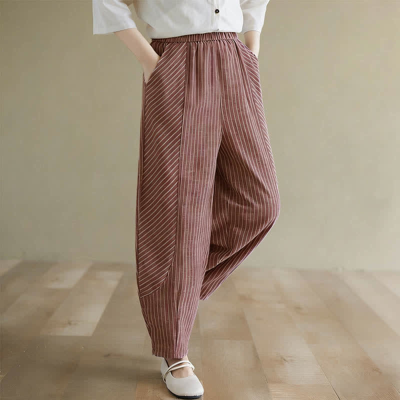 Buddha Stones Pantalon d'été décontracté à rayures en lin et coton pour femme, coupe fuselée, avec poches - image 11