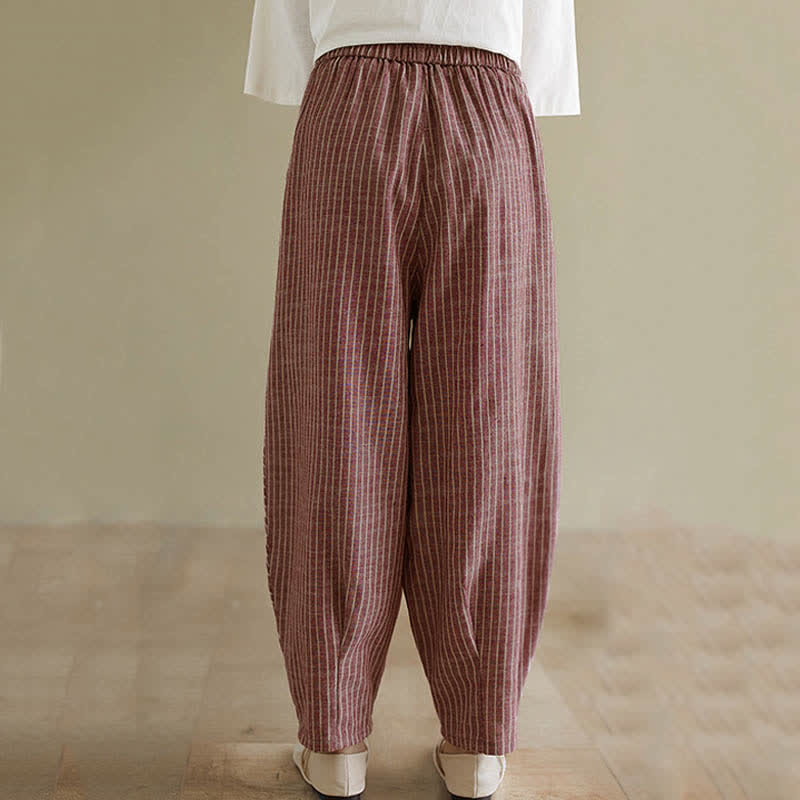 Buddha Stones Pantalon d'été décontracté à rayures en lin et coton pour femme, coupe fuselée, avec poches - image 13