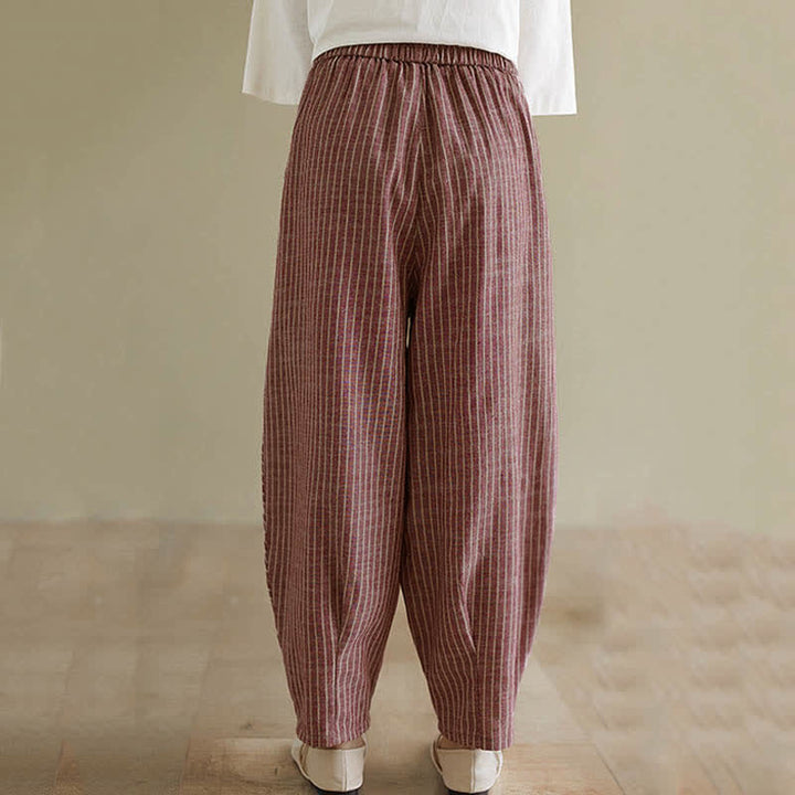 Buddha Stones Pantalon d'été décontracté à rayures en lin et coton pour femme, coupe fuselée, avec poches - image 13
