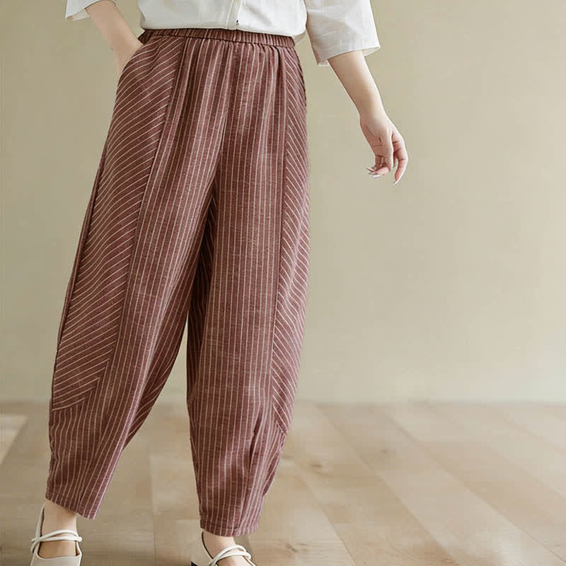 Buddha Stones Pantalon d'été décontracté à rayures en lin et coton pour femme, coupe fuselée, avec poches - image 12