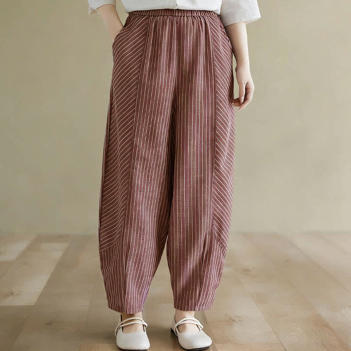 Buddha Stones Pantalon d'été décontracté à rayures en lin et coton pour femme, coupe fuselée, avec poches - Rouge indien - US8-10，UK/AU12-14，EU40-42 (2XL) - image 10