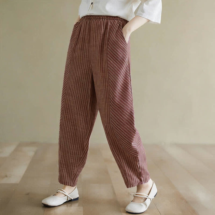 Buddha Stones Pantalon d'été décontracté à rayures en lin et coton pour femme, coupe fuselée, avec poches - image 14