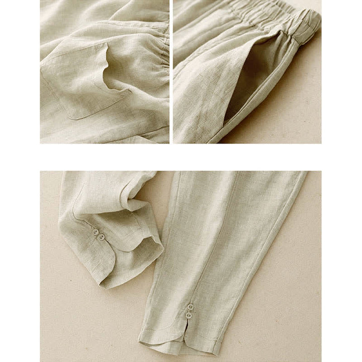 Buddha Stones Pantalon d'été en lin pour femme, coupe fuselée, avec poches - image 10