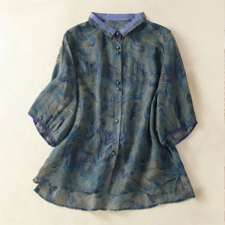 Buddha Stones Chemise d'été en mousseline à imprimé floral, col mandarin et manches trois-quarts, boutonnée et boutonnée. - CadetBlue - US8-10，UK/AU12-14，EU40-42 (2XL) - image 0