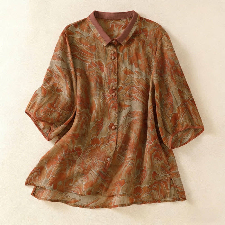 Buddha Stones Chemise d'été en mousseline à imprimé floral, col mandarin et manches trois-quarts, boutonnée et boutonnée. - Pérou - US8-10，UK/AU12-14，EU40-42 (2XL) - image 8