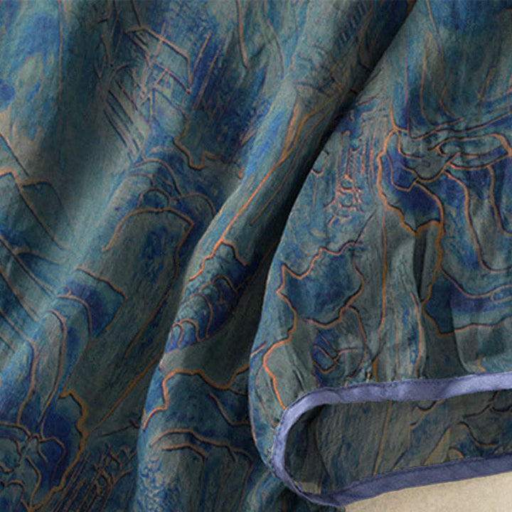 Buddha Stones Chemise d'été en mousseline à imprimé floral, col mandarin et manches trois-quarts, boutonnée et boutonnée. - image 5