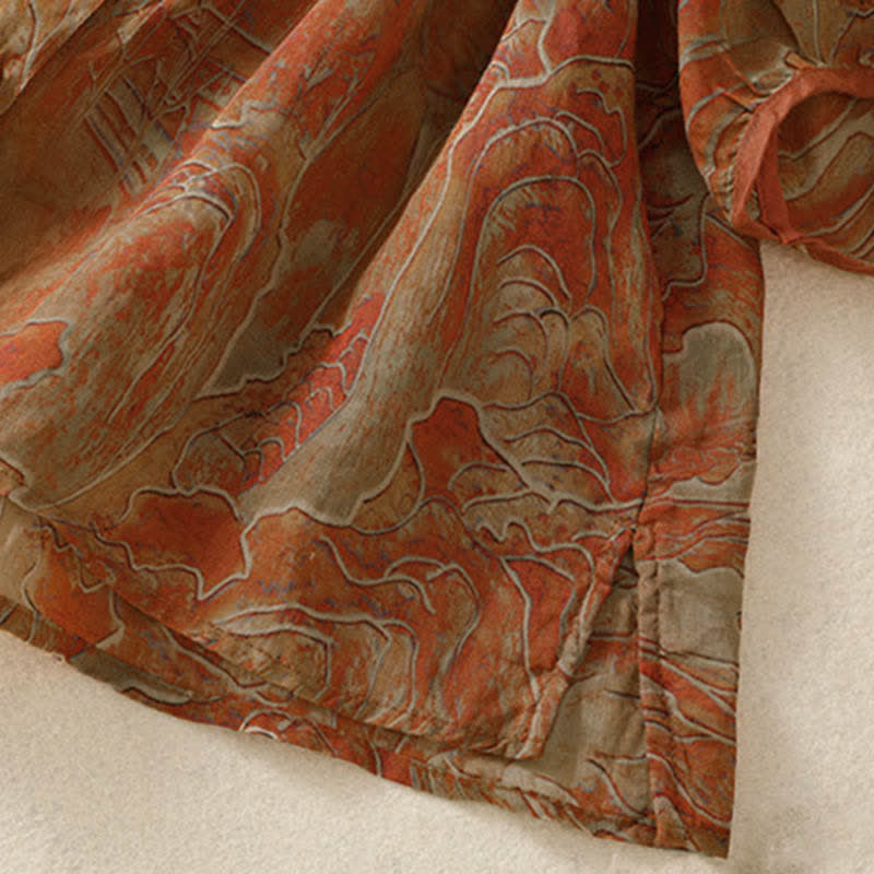 Buddha Stones Chemise d'été en mousseline à imprimé floral, col mandarin et manches trois-quarts, boutonnée et boutonnée. - image 11