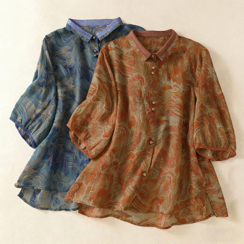 Buddha Stones Chemise d'été en mousseline à imprimé floral, col mandarin et manches trois-quarts, boutonnée et boutonnée. - image 15