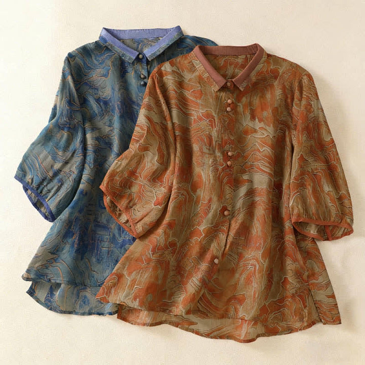 Buddha Stones Chemise d'été en mousseline à imprimé floral, col mandarin et manches trois-quarts, boutonnée et boutonnée. - image 15