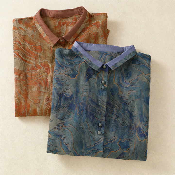 Buddha Stones Chemise d'été en mousseline à imprimé floral, col mandarin et manches trois-quarts, boutonnée et boutonnée. - image 16
