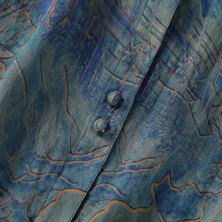 Buddha Stones Chemise d'été en mousseline à imprimé floral, col mandarin et manches trois-quarts, boutonnée et boutonnée. - image 7