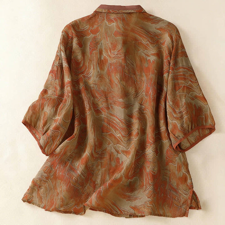 Buddha Stones Chemise d'été en mousseline à imprimé floral, col mandarin et manches trois-quarts, boutonnée et boutonnée. - image 9