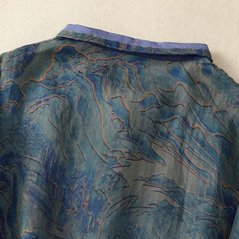 Buddha Stones Chemise d'été en mousseline à imprimé floral, col mandarin et manches trois-quarts, boutonnée et boutonnée. - image 3