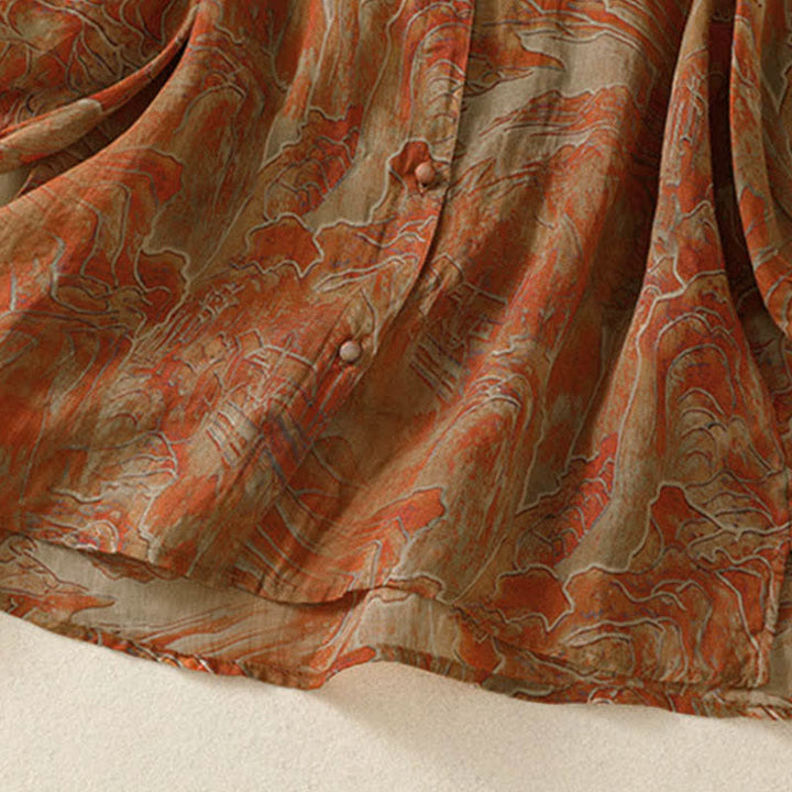 Buddha Stones Chemise d'été en mousseline à imprimé floral, col mandarin et manches trois-quarts, boutonnée et boutonnée. - image 12