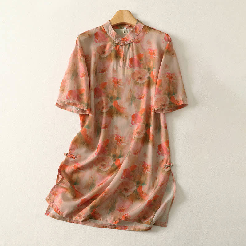 Buddha Stones Robe courte d'été à imprimé floral, col mandarin et boutons brandebourg, manches courtes, pour femme - Corail - US8-10，UK/AU12-14，EU40-42 (2XL) - image 7