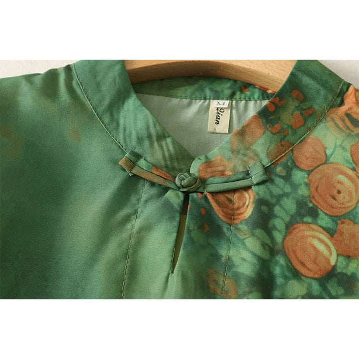 Buddha Stones Robe courte d'été à imprimé floral, col mandarin et boutons brandebourg, manches courtes, pour femme - image 3