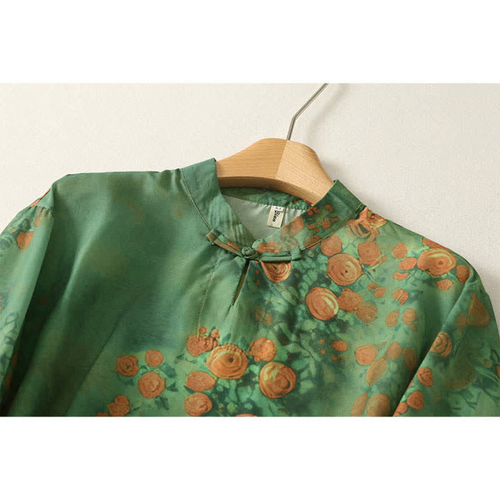 Buddha Stones Robe courte d'été à imprimé floral, col mandarin et boutons brandebourg, manches courtes, pour femme - image 2