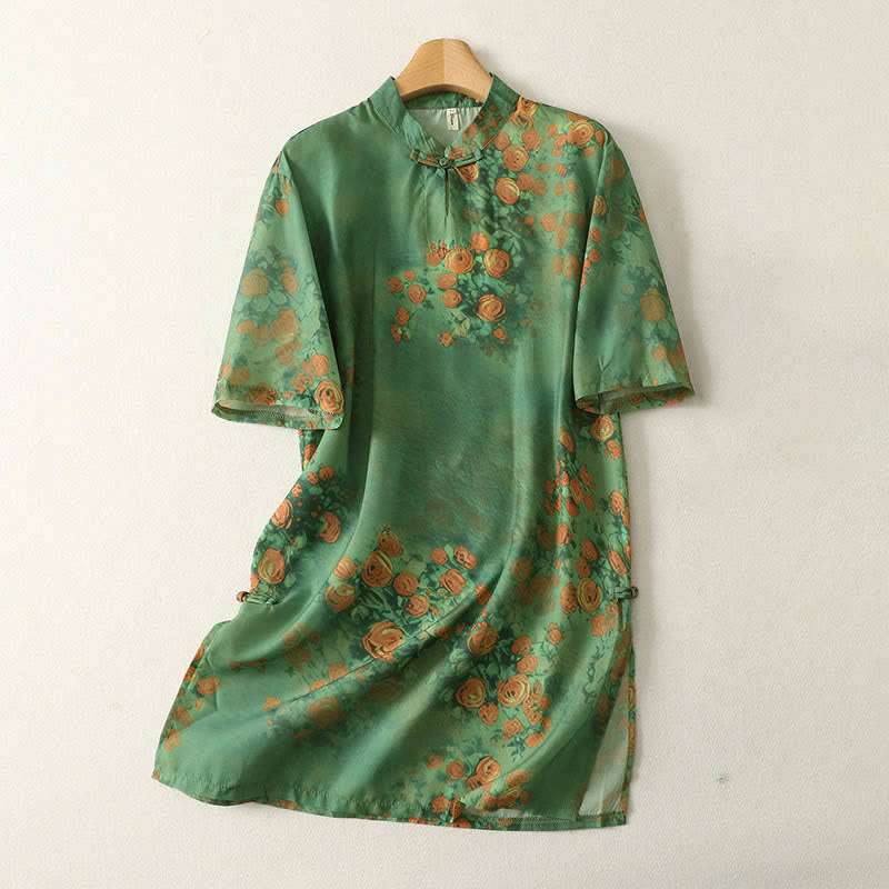Buddha Stones Robe courte d'été à imprimé floral, col mandarin et boutons brandebourg, manches courtes, pour femme - Vert mer moyen - US8-10，UK/AU12-14，EU40-42 (2XL) - image 0