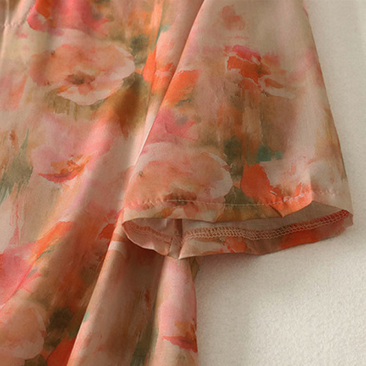 Buddha Stones Robe courte d'été à imprimé floral, col mandarin et boutons brandebourg, manches courtes, pour femme - image 11