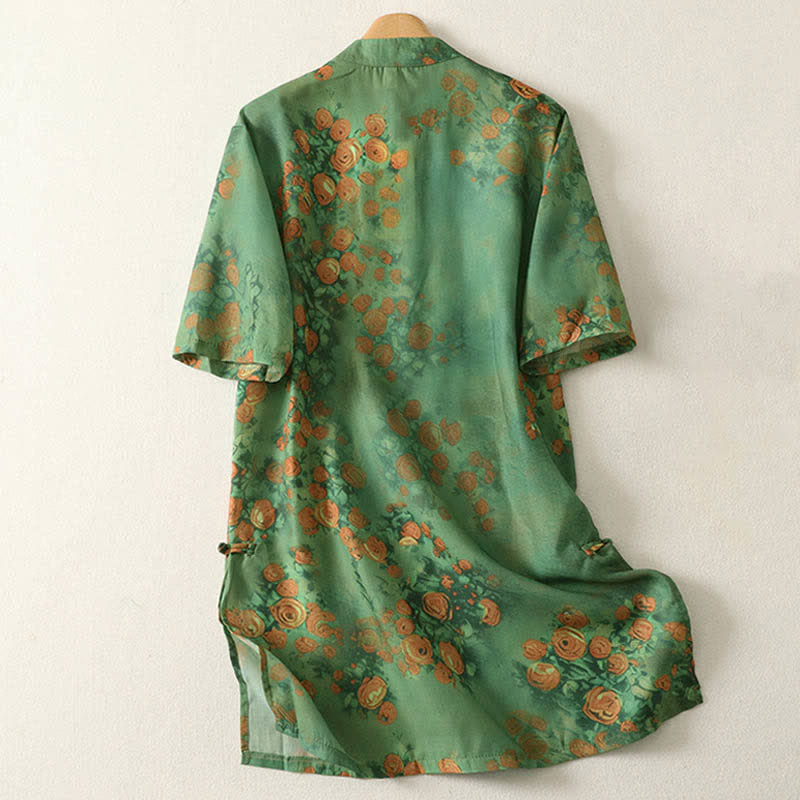 Buddha Stones Robe courte d'été à imprimé floral, col mandarin et boutons brandebourg, manches courtes, pour femme - image 1