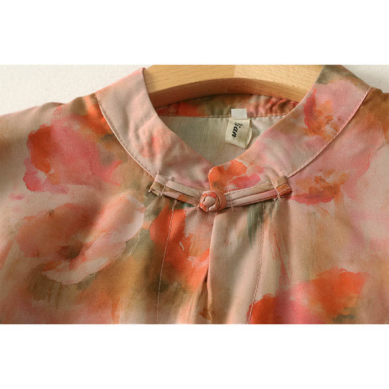 Buddha Stones Robe courte d'été à imprimé floral, col mandarin et boutons brandebourg, manches courtes, pour femme - image 10