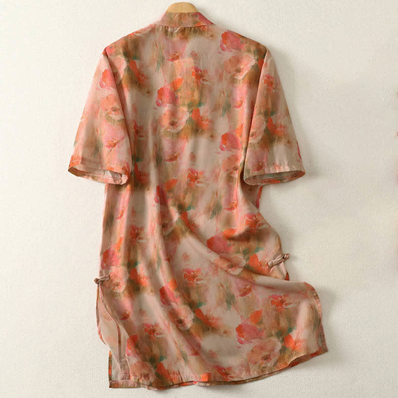 Buddha Stones Robe courte d'été à imprimé floral, col mandarin et boutons brandebourg, manches courtes, pour femme - image 8