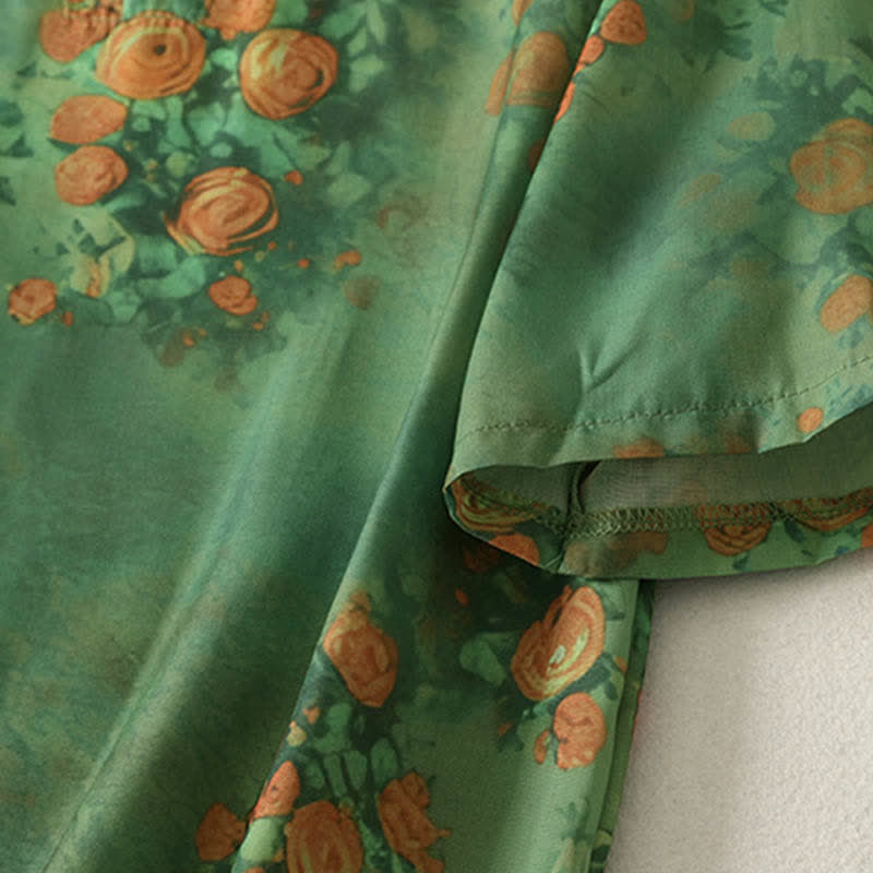 Buddha Stones Robe courte d'été à imprimé floral, col mandarin et boutons brandebourg, manches courtes, pour femme - image 4