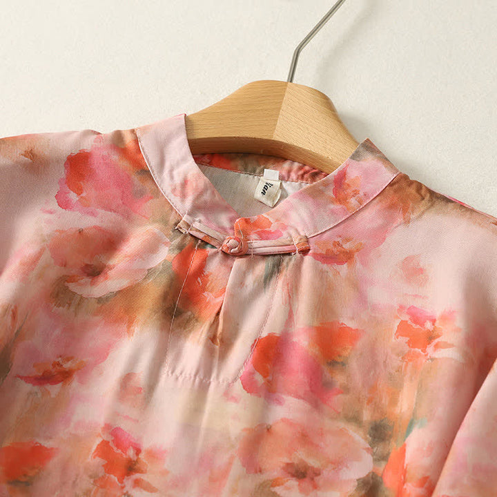 Buddha Stones Robe courte d'été à imprimé floral, col mandarin et boutons brandebourg, manches courtes, pour femme - image 9