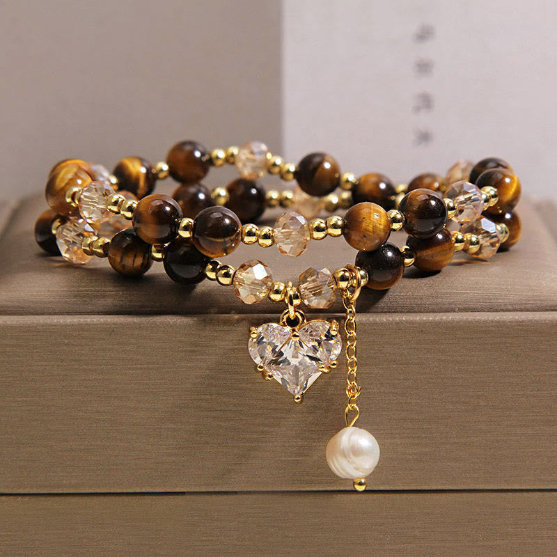 Buddha Stones Bracelet de protection double tour en œil de tigre naturel en forme de cœur - Œil de tigre (Tour de poignet : 15-16 cm) - image 0