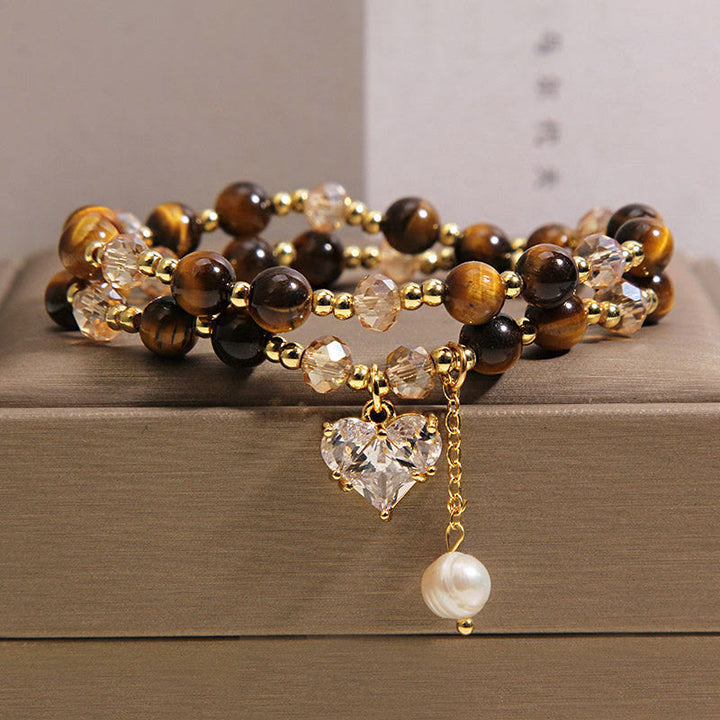 Buddha Stones Bracelet de protection double tour en œil de tigre naturel en forme de cœur - Œil de tigre (Tour de poignet : 15-16 cm) - image 0