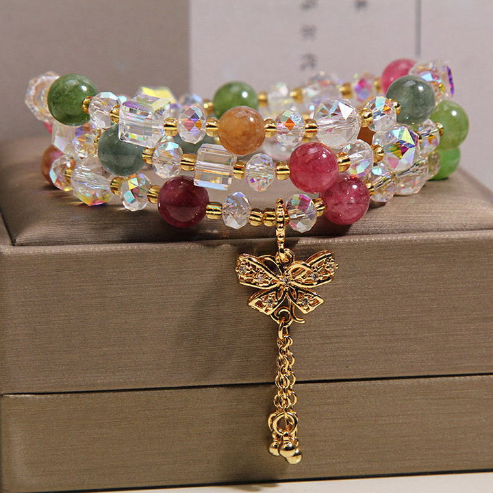 Buddha Stones Bracelet triple tourmaline multicolore avec papillon et symbole de sagesse - image 4